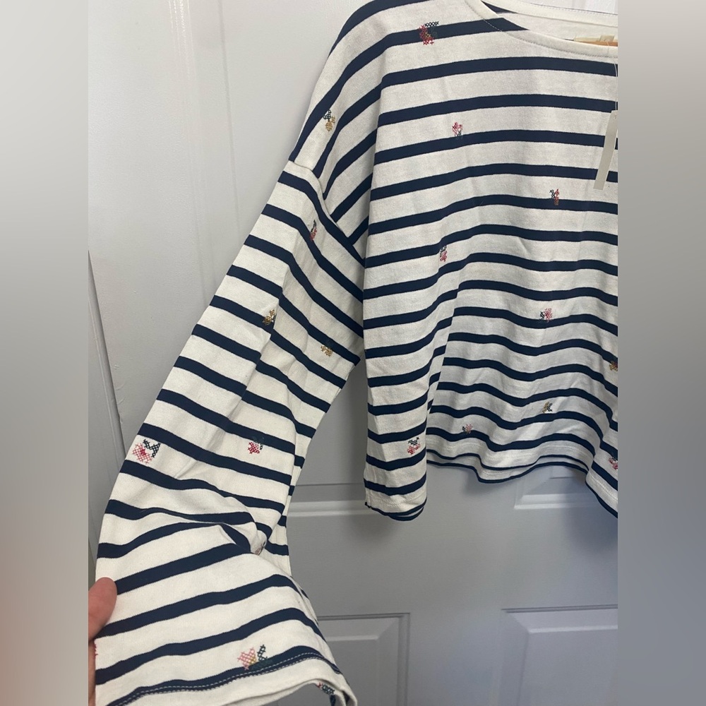 Madewell NWT Floral Embroidered Long Sleeve Crop Top Size XL Nautical Striped - Picture 6 of 9